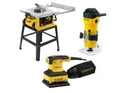 Sierra de Mesa + Fresadora + Lijadora Orbital Stanley